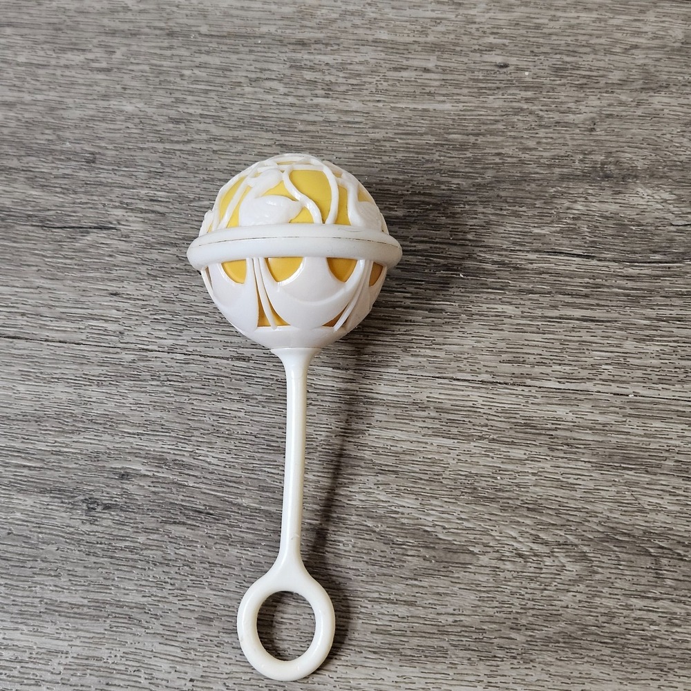 Vintage Celluloid Baby Rattle White & Yellow Hand Painted Plastic Toy Ducks